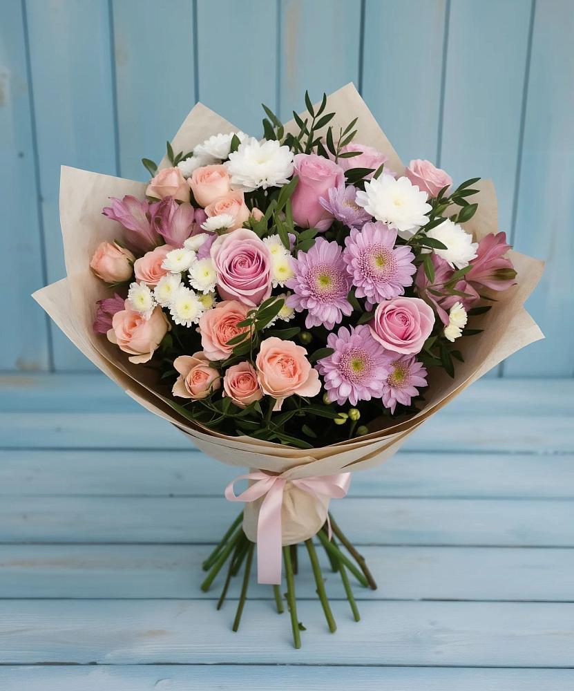 Букет цветов из: Хризантемы, Розы и Альстромерии в Вишняково