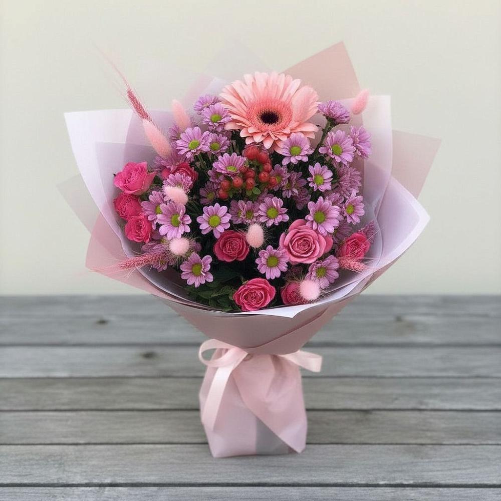 Букет цветов из: Розы, Герберы и Хризантемы в Вишняково