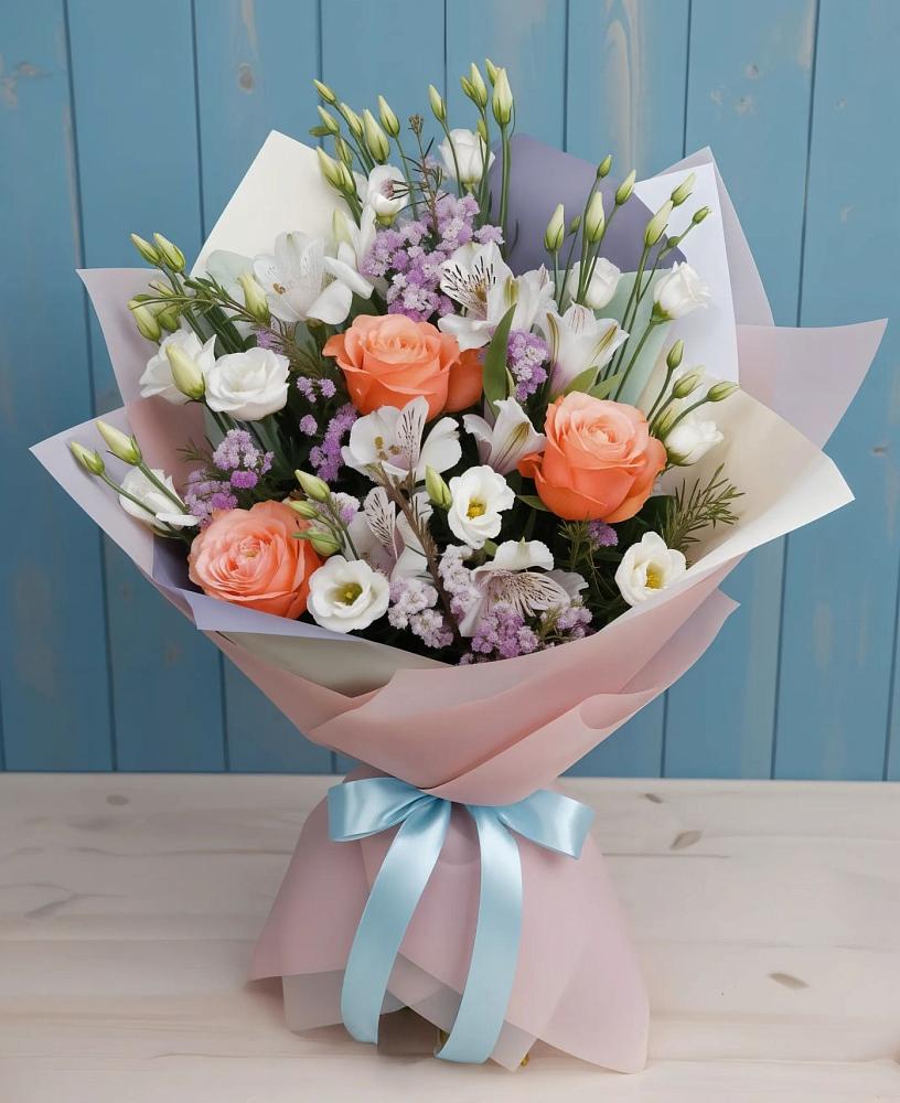 Букет цветов из: Лизиантусы, Розы, Альстромерии и Гипсофила в Вишняково