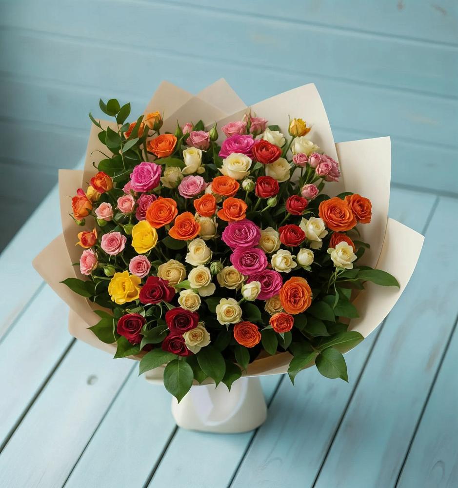 Букет Микс из разноцветных кустовых роз в Вишняково