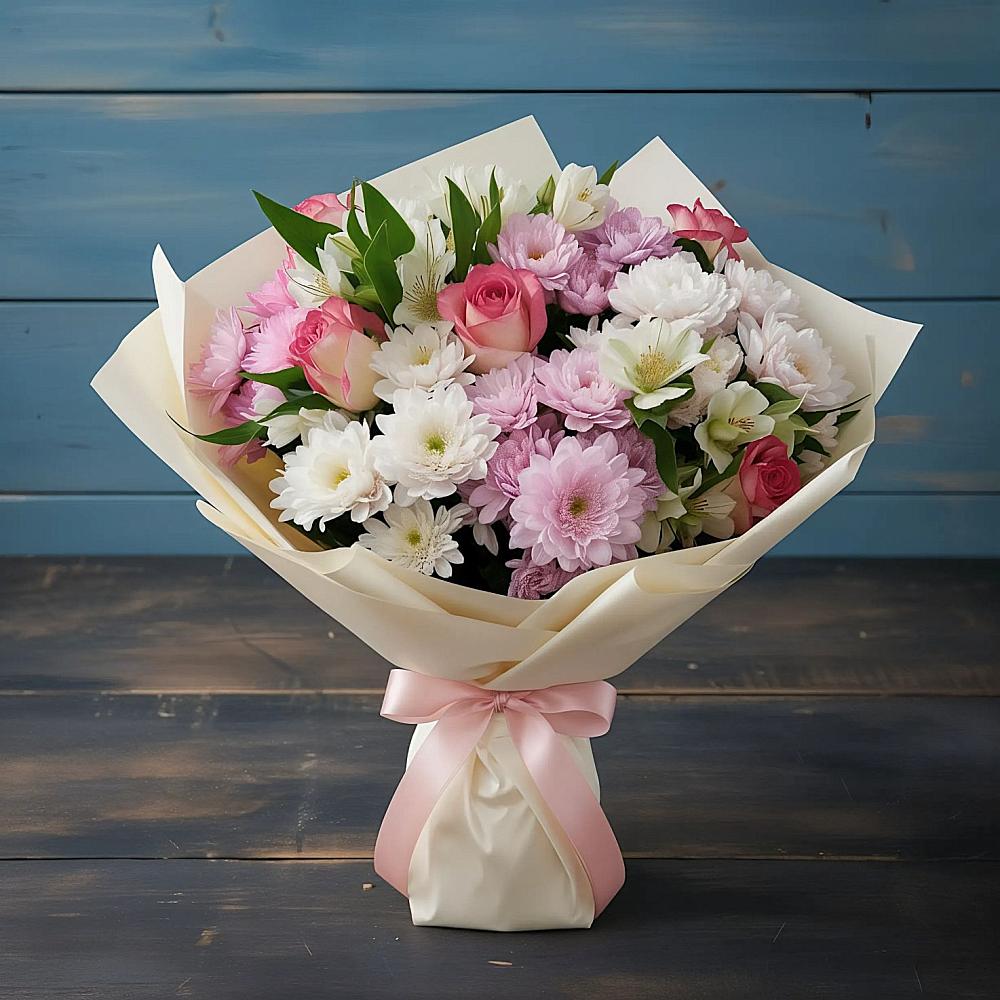 Букет цветов из: Хризантемы, Альстромерии и Розы в Вишняково